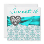 Teal Damask Heart Teal Blue Sweet 16 Party Invites
