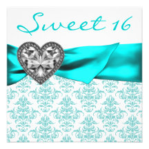 Teal Damask Heart Teal Blue Sweet 16 Party Invites