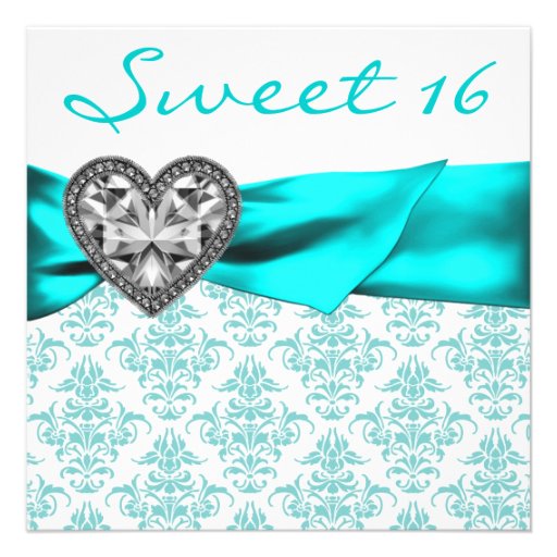 Teal Damask Heart Teal Blue Sweet 16 Party Invites