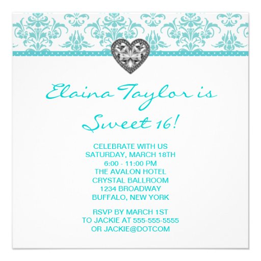Teal Damask Heart Teal Blue Sweet 16 Party Invites