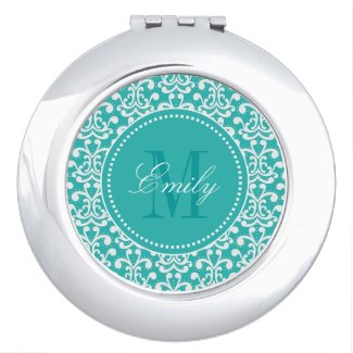 Teal Damask Monogram Personalized Compact Mirror