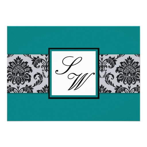 Teal Damask Monogram Wedding Invitation