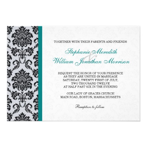 Teal Damask Monogram Wedding Invitation
