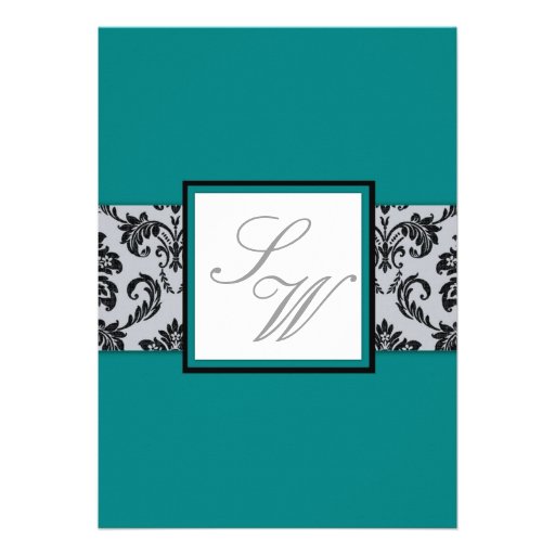 Teal Damask Monogram Wedding Invitation