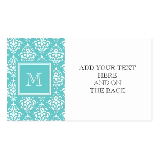 Teal Damask Pattern 1 with Monogram Business Card (front side)