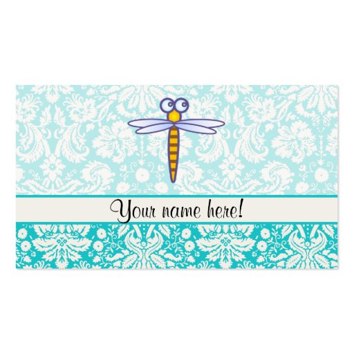 Teal Damask Pattern Dragonfly Business Card (front side)