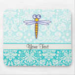 Teal Damask Pattern Dragonfly Mouse Pads