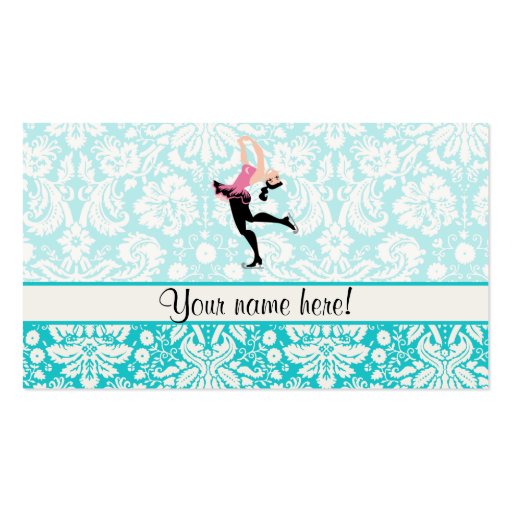 Teal Damask Pattern Ice Skating Business Card Template (front side)