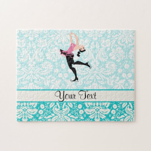 Teal Damask Pattern Ice Skating Jigsaw Puzzles