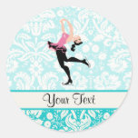Teal Damask Pattern Ice Skating Round Sticker