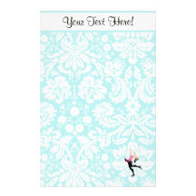 Teal Damask Pattern Ice Skating Stationery Design