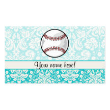 Teal Damask Pattern Softball Business Cards