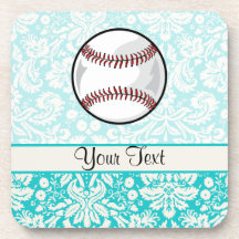 Teal Damask Pattern Softball Coaster