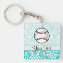 Teal Damask Pattern Softball Square Acrylic Key Chain