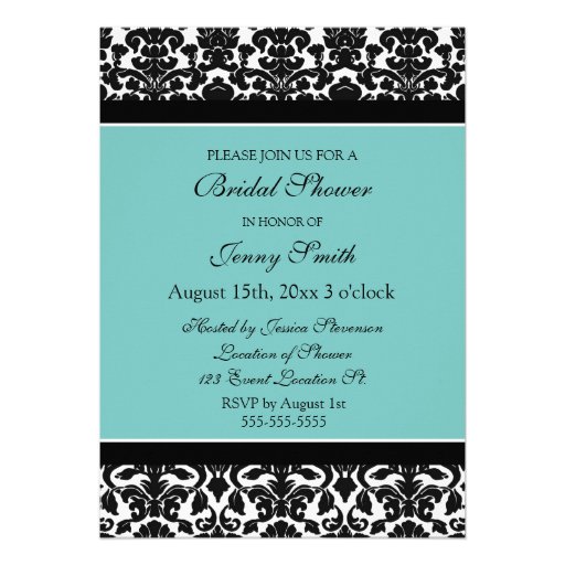 Teal Damask Photo Bridal Shower Invitation Cards