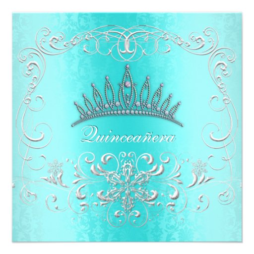 Teal Damask Quinceanera Diamond Tiara Invite (front side)