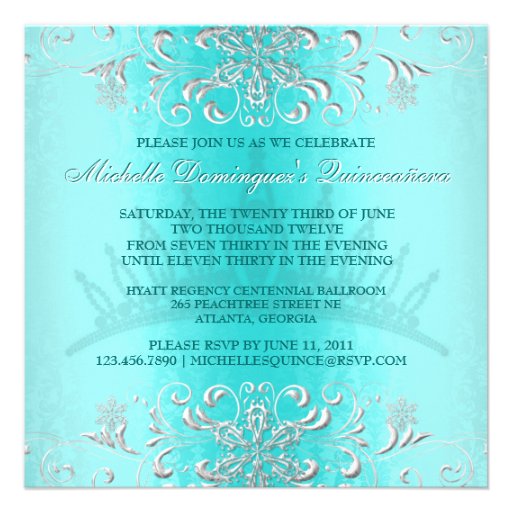 Teal Damask Quinceanera Diamond Tiara Invite