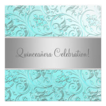 Teal Damask Quinceanera Invites