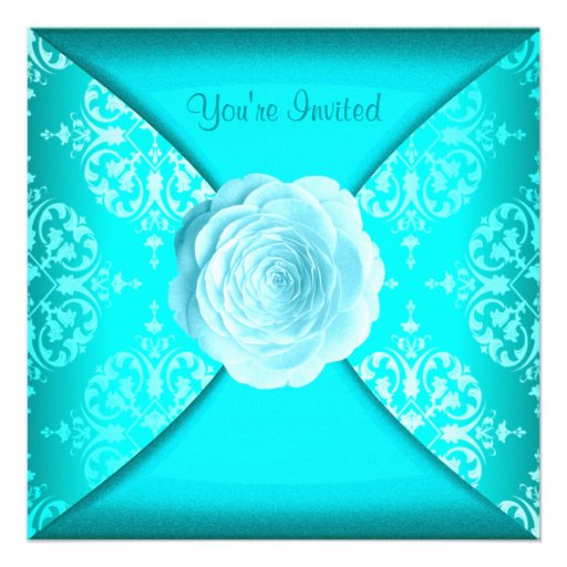 Teal Damask Rose Teal Blue All Occasion Personalized Announcement (front side)