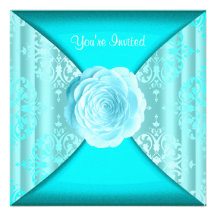Teal Damask Rose Teal Blue All Occasion Invitation