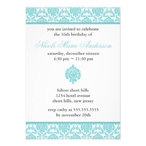 Teal Damask Sweet Sixteen Invitations