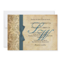 Teal Damask Vintage Bow Wedding Invitation