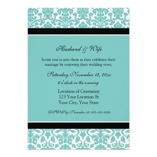 Teal Damask Wedding Vow Renewal Invitations