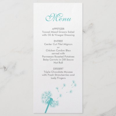 Teal Dandelion Wedding Menu Rack Card Design