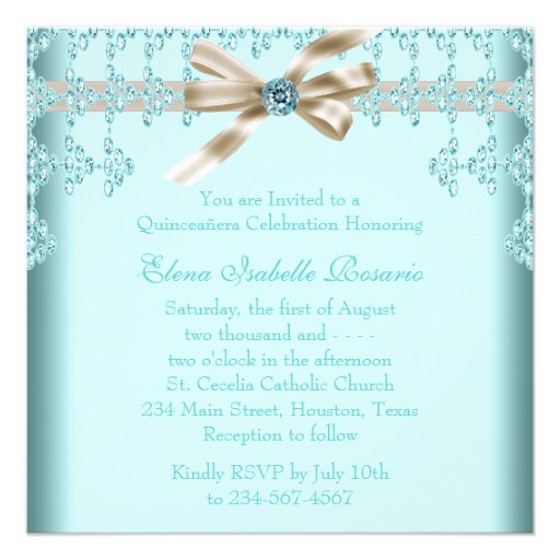 Teal Diamonds Teal Blue Quinceanera Personalized Invite
