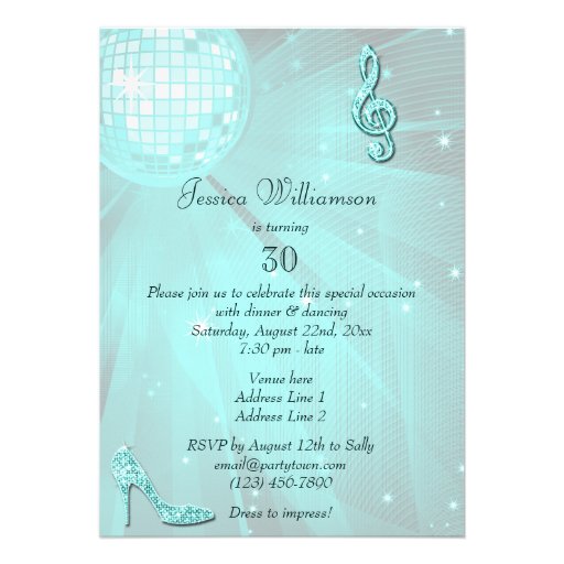 Teal Disco Ball and Sparkle Heels 30th Birthday Personalized Invites