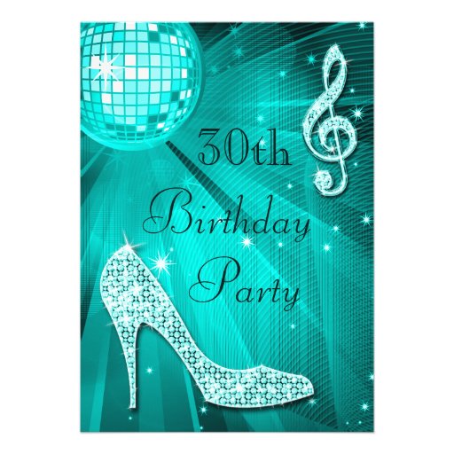 Teal Disco Ball and Sparkle Heels 30th Birthday Personalized Invites