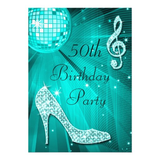 Teal Disco Ball and Sparkle Heels 50th Birthday Invites