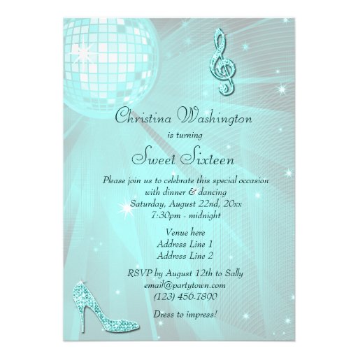Teal Disco Ball and Sparkle Heels Sweet 16 Personalized Invitation