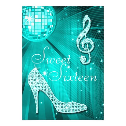 Teal Disco Ball and Sparkle Heels Sweet 16 Personalized Invitation