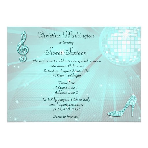Teal Disco Ball, Princess Coach & Horses Sweet 16 Personalized Announcements