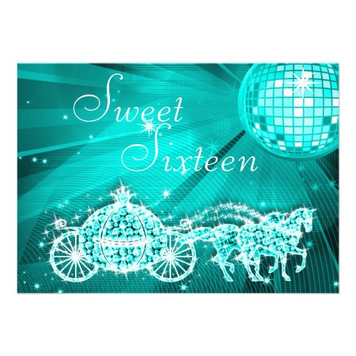 Teal Disco Ball, Princess Coach & Horses Sweet 16 Personalized Announcements