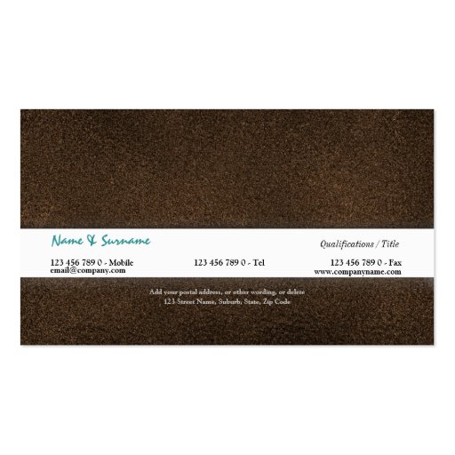 Teal fashion stylist brown suede business cards (back side)