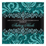 Teal Faux Glitter & Velvet Floral Sweet Sixteen Invite