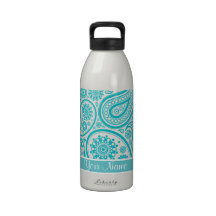 Teal Floral Paisley Monogram Pattern Reusable Water Bottle