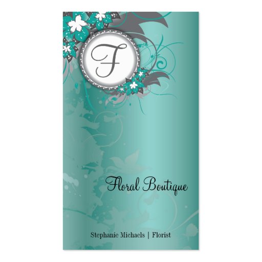 Teal Floral Wedding Elegant Business Card Monogram