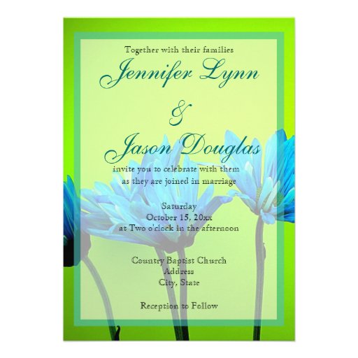 Teal Gerber Daisies on Lime Green Wedding Invite