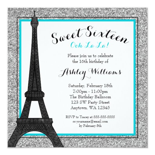 Teal Glam Paris Themed Faux Glitter Sweet 16 Personalized Invitations