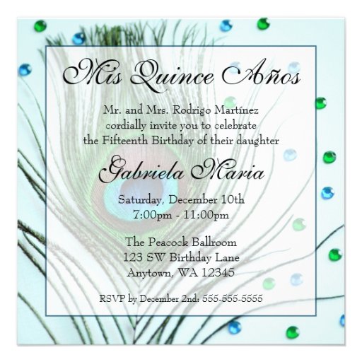 Teal Glam Peacock Feather Quinceanera Birthday Personalized Invitations