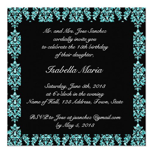 TEAL GLITTER EFFECT BLACK DAMASK QUINCEANERA INVITATION