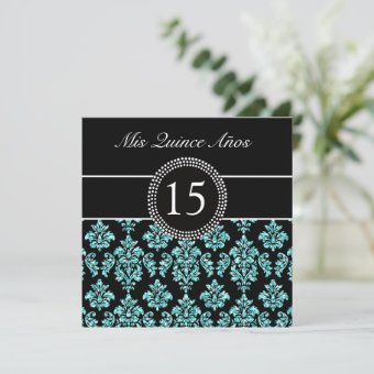 Teal Glitter Effect Black Damask Quinceanera Invitation Zazzle