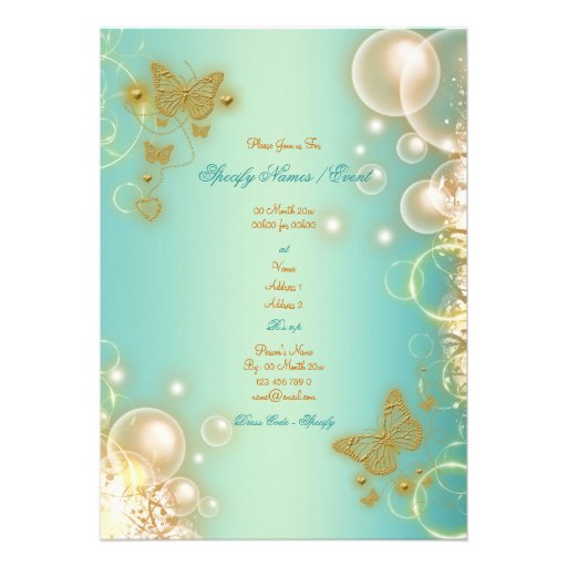 Teal gold butterfly wedding engagement personalized invitations