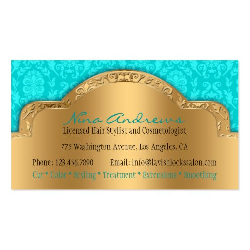 Teal Gold Damask Hair Stylist Salon Business Card (back side)