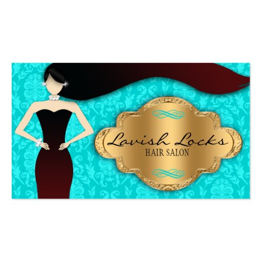 Teal Gold Damask Hair Stylist Salon Business Card (front side)