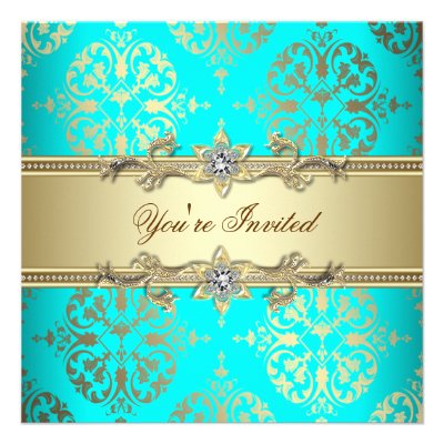 Teal Gold Damask Party Invites