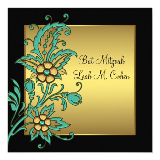 Teal Gold Flowers Black Gold Bat Mitzvah Custom Invite